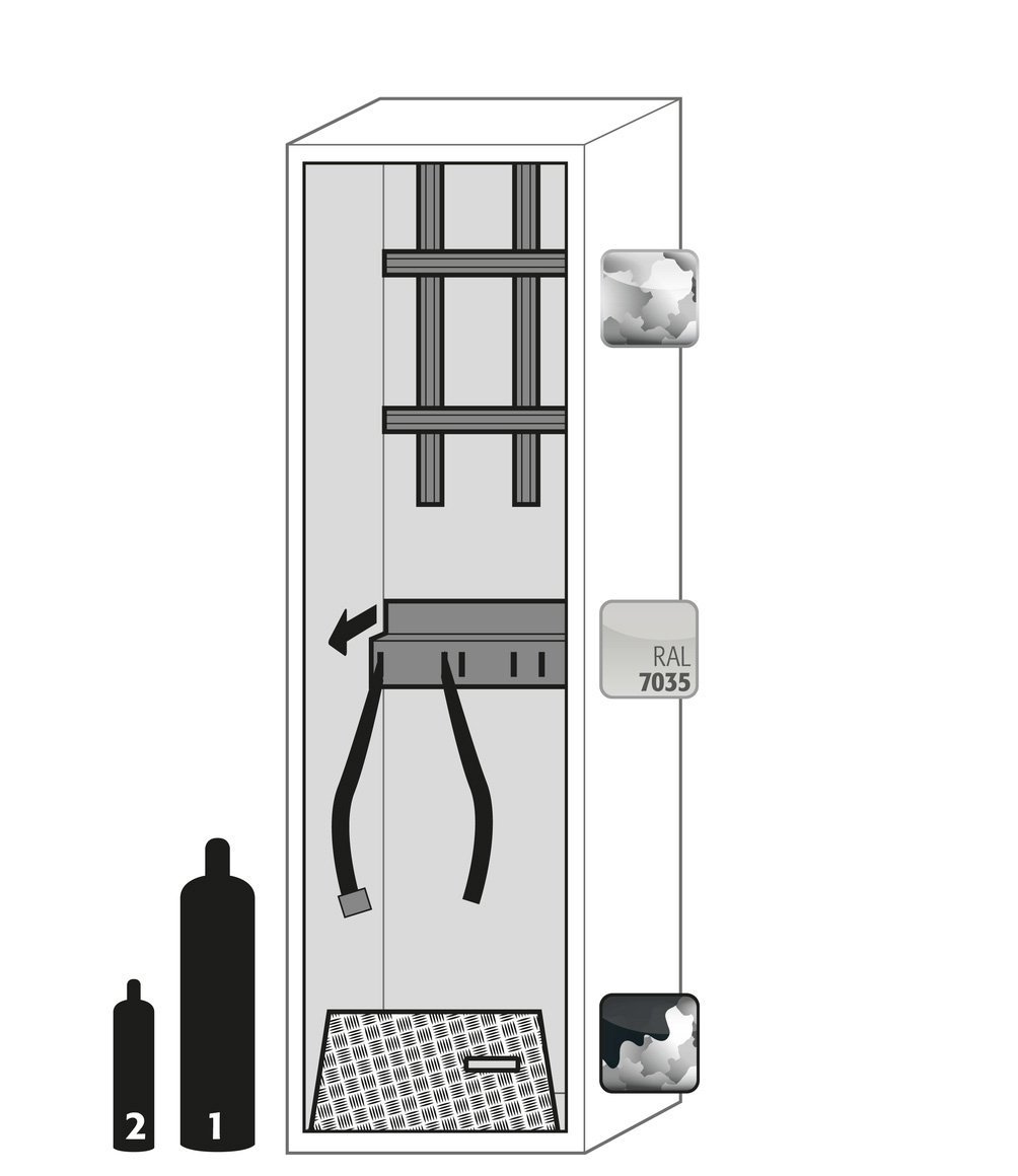 Druckgasflaschenschrank G90.205.060 in Lichtgrau, Flügeltür, 1x Standardinneneinrichtung Druckgasflaschen (Stahlblech) Produktbild img3 L