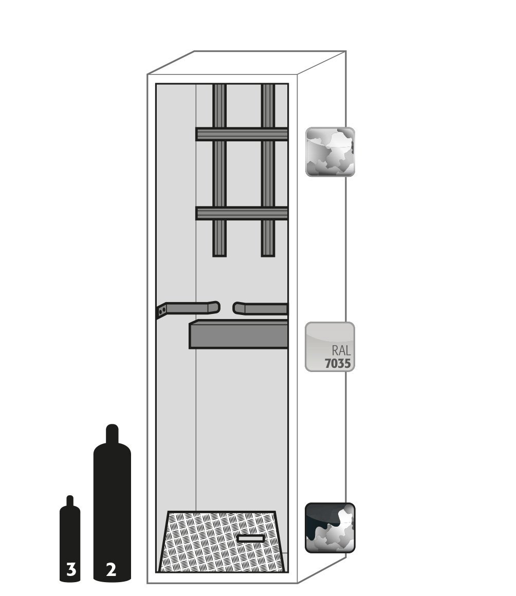 asecos Druckgasflaschenschrank G90.205.060.2F in Lichtgrau, Flügeltür, 1x Standardinneneinrichtung Druckgasflaschen (Stahlblech) Produktbild img3 L