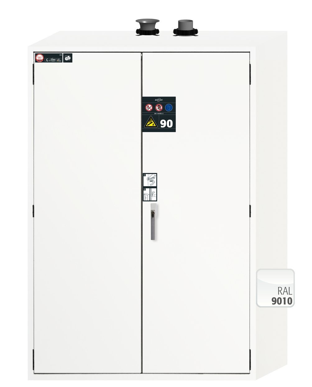 asecos Druckgasflaschenschrank G90.205.140 in Laborweiß (ähnl. RAL 9016), Flügeltüren, 1x Standardinneneinrichtung Druckgasflaschen (Stahlblech) Produktbild img2 L