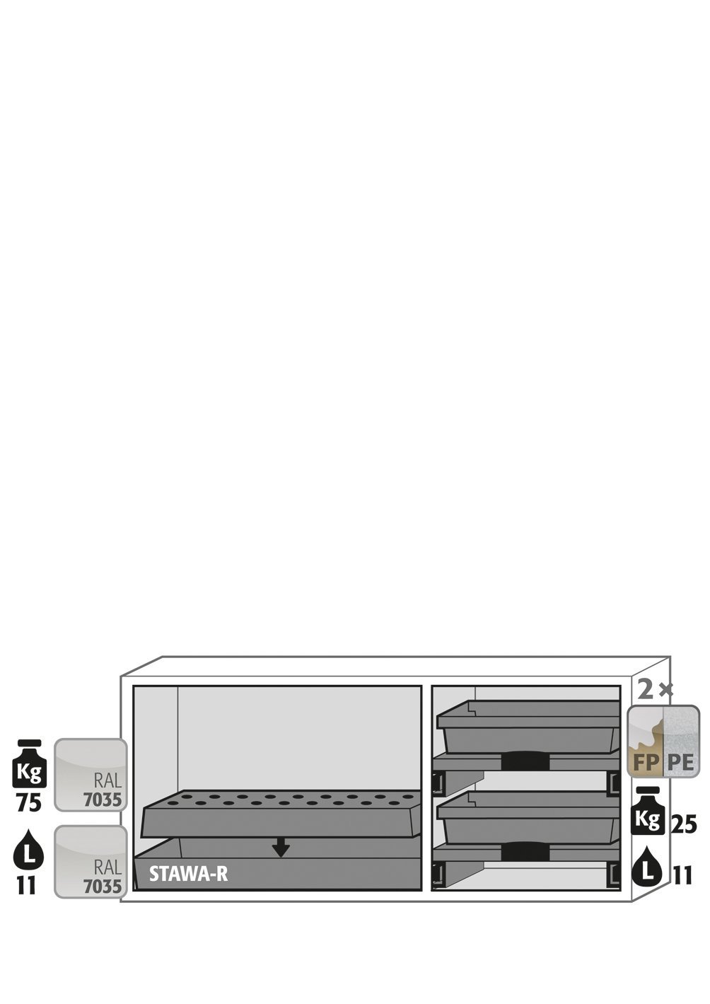 asecos Kombi-Sicherheitsschrank K90.060.140.050.UB.3T in Lichtgrau, Flügeltüren, 1x Lochblecheinsatz (Stahlblech), 2x Tablarauszug Produktbild img3 L