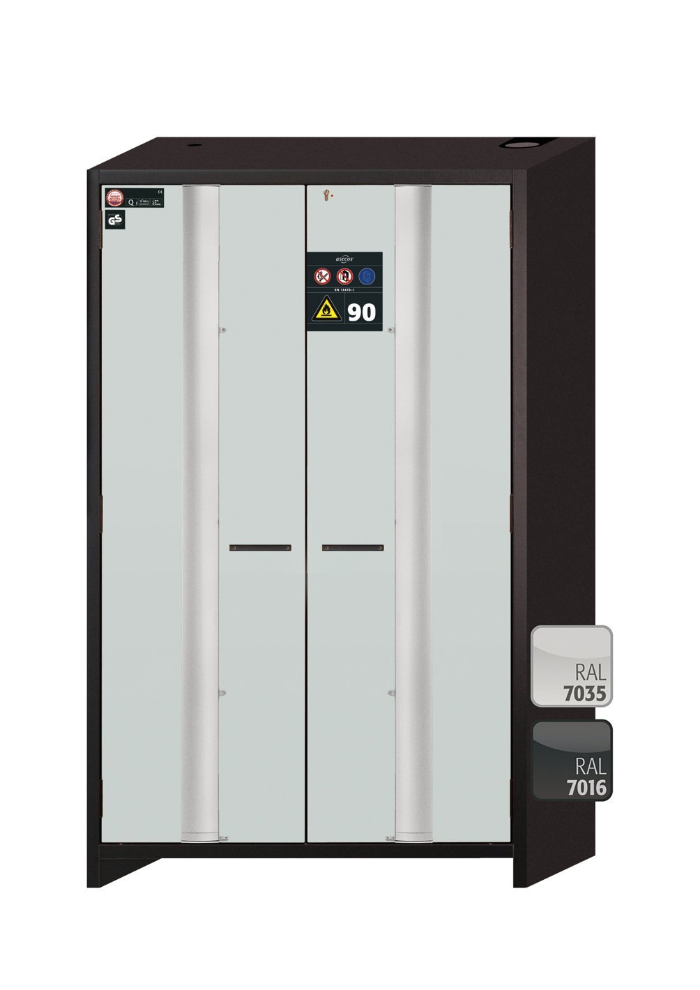 asecos Sicherheitsschrank Q90.195.120.FD in Anthrazitgrau, Falttüren in Lichtgrau, 3x Fachboden und Lochblech (Stahlblech) Produktbild img2 L