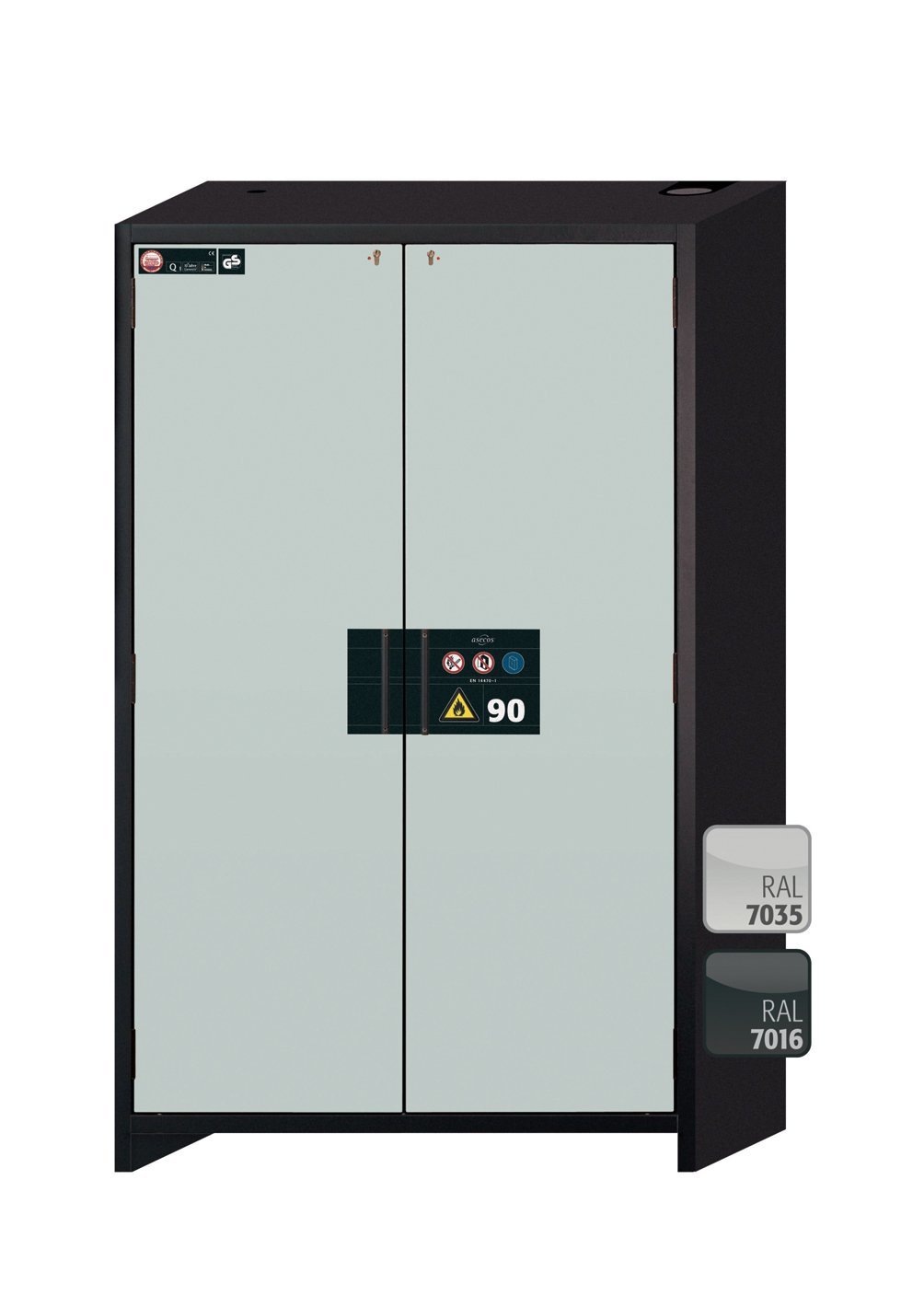 asecos Sicherheitsschrank Q90.195.120.MM in Anthrazitgrau, Flügeltüren in Lichtgrau, 2x Fachboden und Lochblech (Stahlblech), 4x Auszugswanne (Stahlblech) Produktbild img1 L