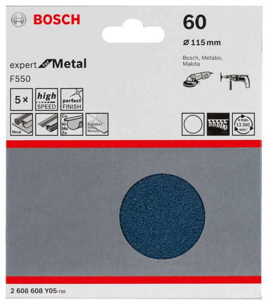 Bosch Schleifblatt F550, Expert for Metal, 115 mm, 120, ungelocht, Klett, 5er-Pack Produktbild img2 L