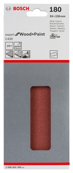 Bosch Schleifblatt C430, 93 x 230 mm, 180, 8 Löcher, gespannt, 10er-Pack Produktbild img2 L