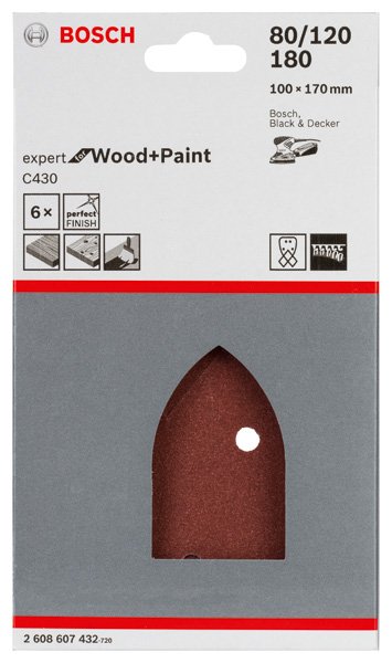 Bosch Schleifblatt C430, 100 x 170 mm, 2 x 80, 2 x 120, 2 x 180, 4 Löcher, 6er-Pack Produktbild img2 L