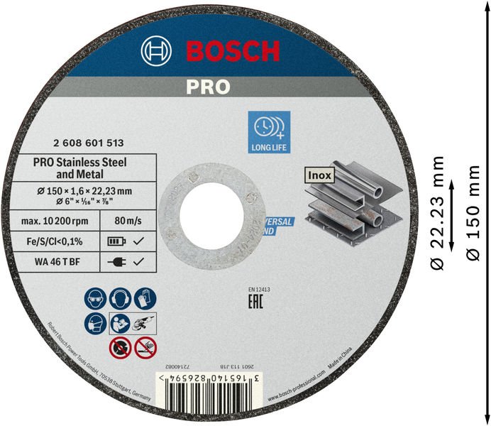 Bosch PRO Stainless Steel and Metal Trennscheibe, 150 x 1,6 x 22,23 mm Produktbild img3 L