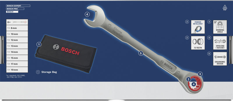 Bosch Ratschen-Ring-Maulschlüssel-Set, 8-19 mm, 8-tlg. Produktbild img3 L