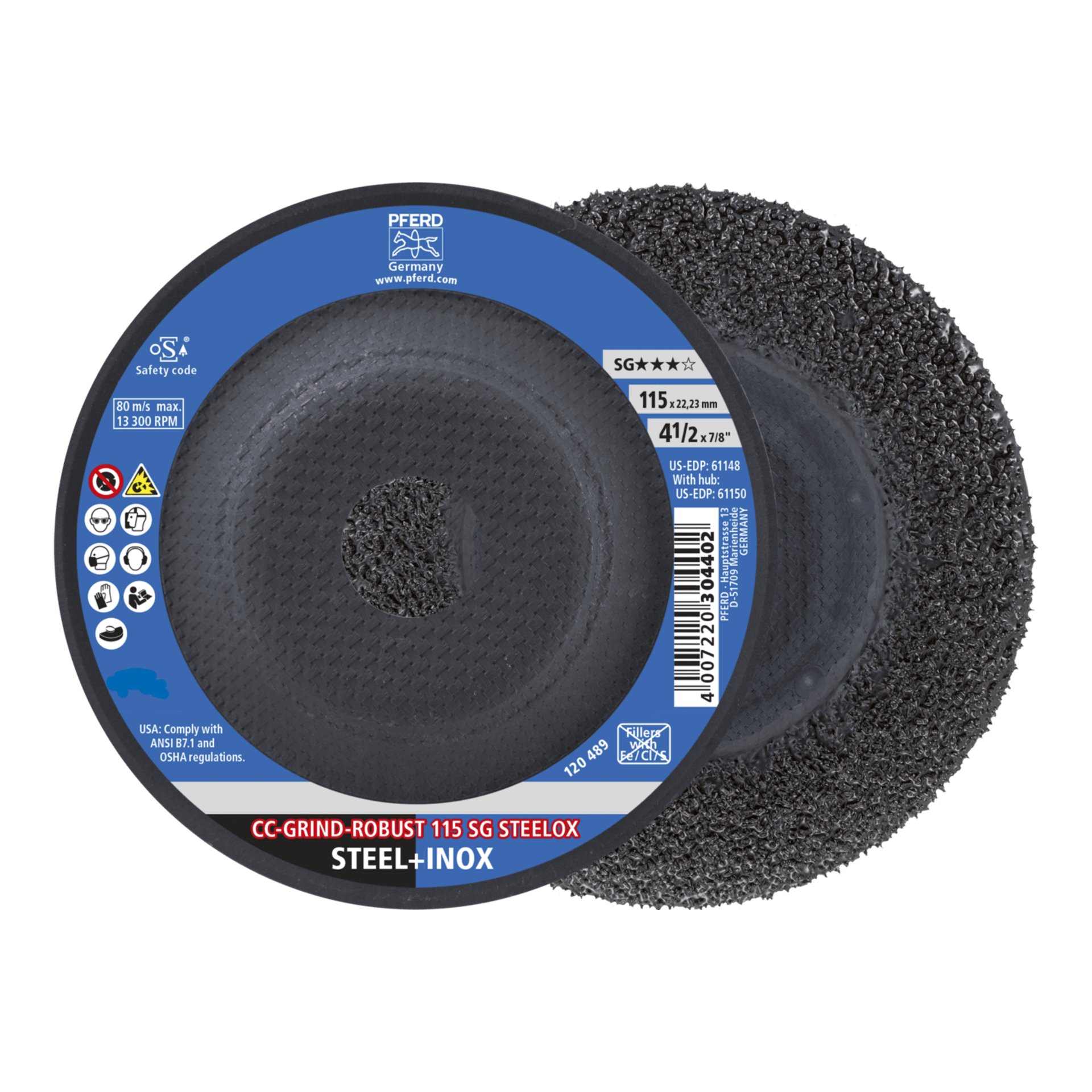PFERD TOOLS CC-GRIND ROBUST Schleifscheibe 115x22,23 mm Leistungslinie SG STEELOX für Stahl/Edelstahl Produktbild img1 L