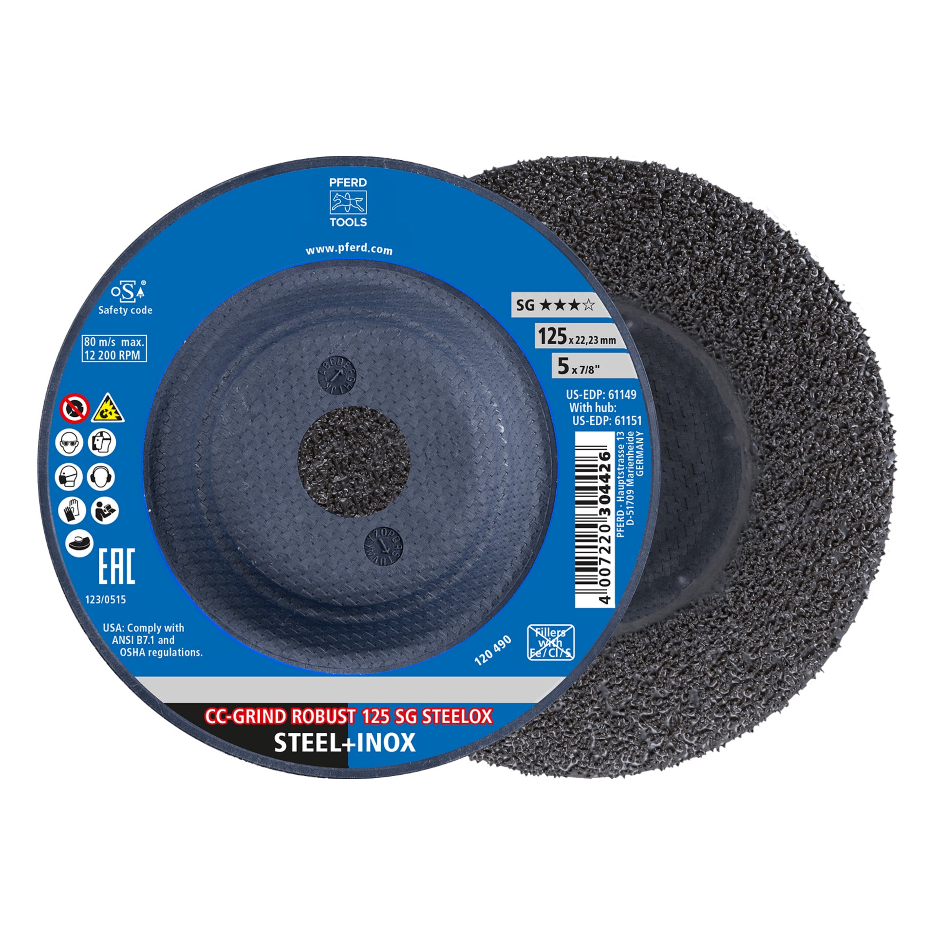 PFERD TOOLS CC-GRIND ROBUST Schleifscheibe 125x22,23 mm Leistungslinie SG STEELOX für Stahl/Edelstahl Produktbild img1 L