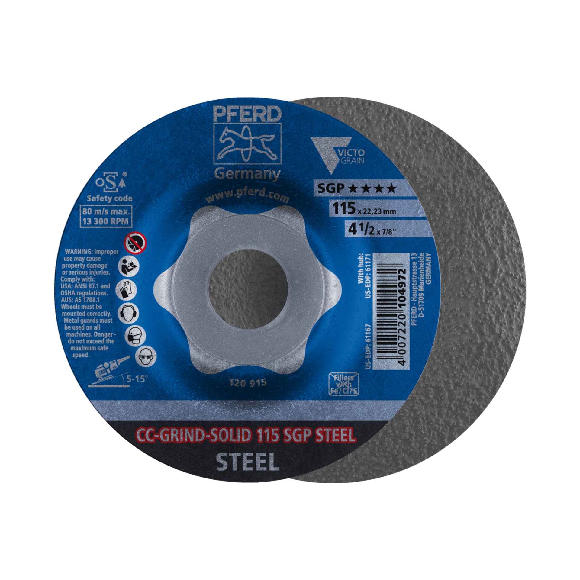 PFERD TOOLS CC-GRIND SOLID Schleifscheibe 115x22,23 mm COARSE Speziallinie SGP STEEL für Stahl Produktbild img1 L