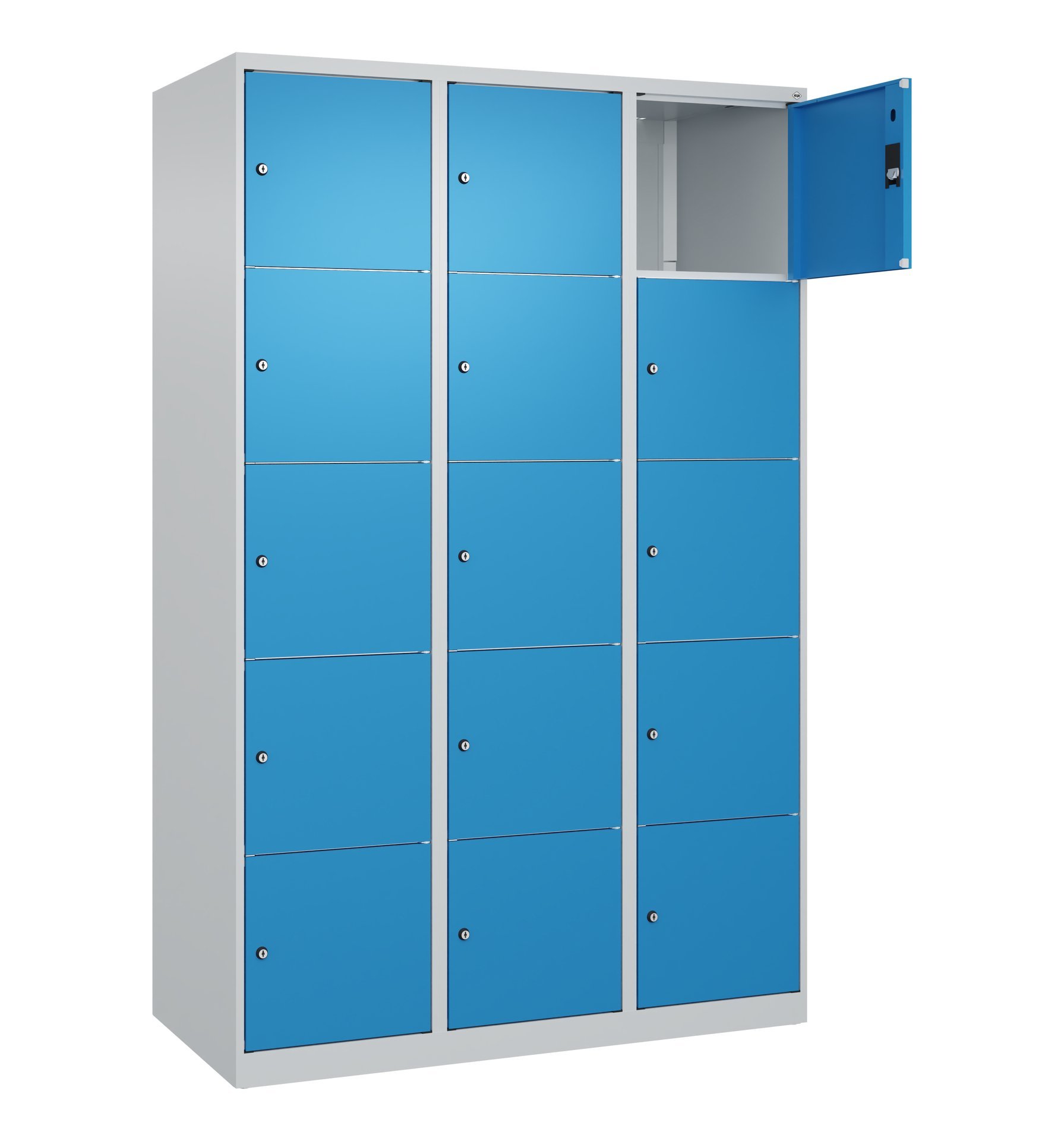C+P Schließfachschrank Classic PLUS, 15 Fächer, 1850x1200x500mm, 7035/5012 Produktbild img2 L