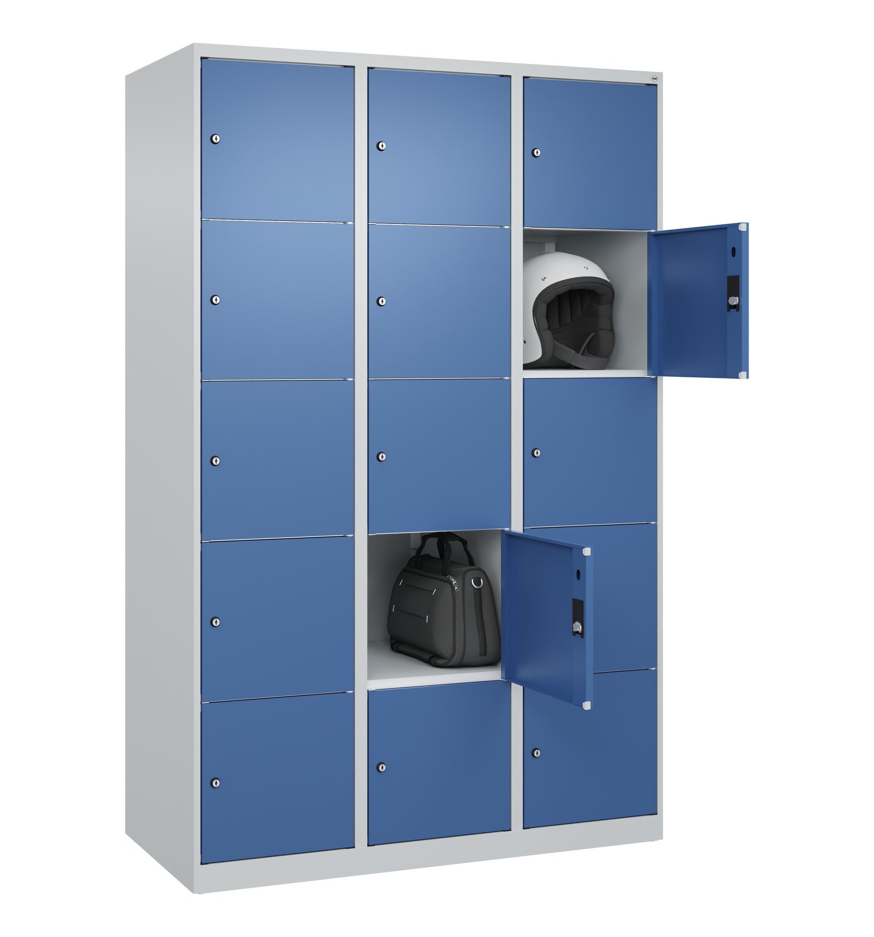 C+P Schließfachschrank Classic PLUS, 15 Fächer, 1850x1200x500mm, 7035/5023 Produktbild img1 L