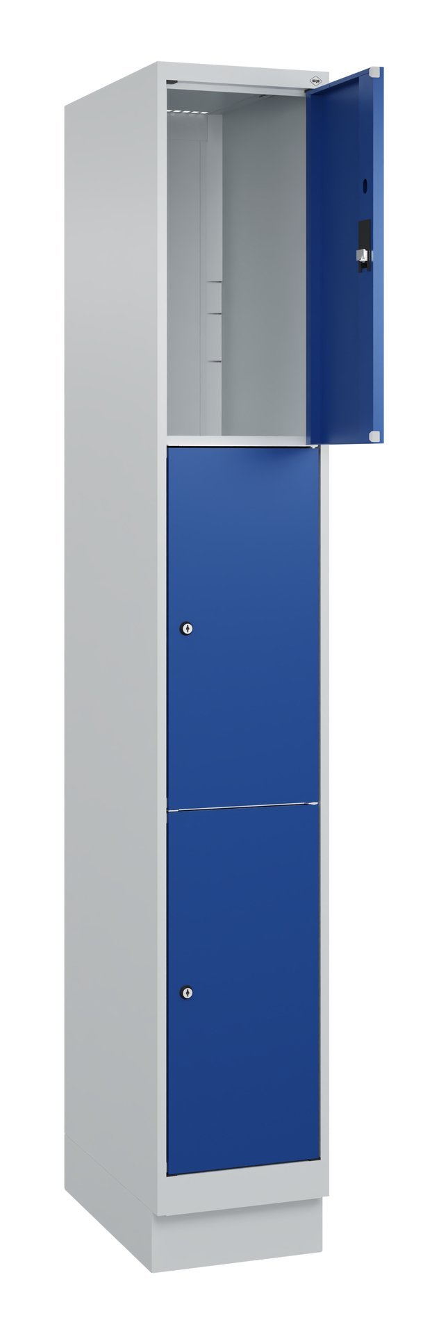 C+P Schließfachschrank Classic PLUS, Sockel, 3 Fächer, 1950x300x500mm, 7035/5010 Produktbild img1 L
