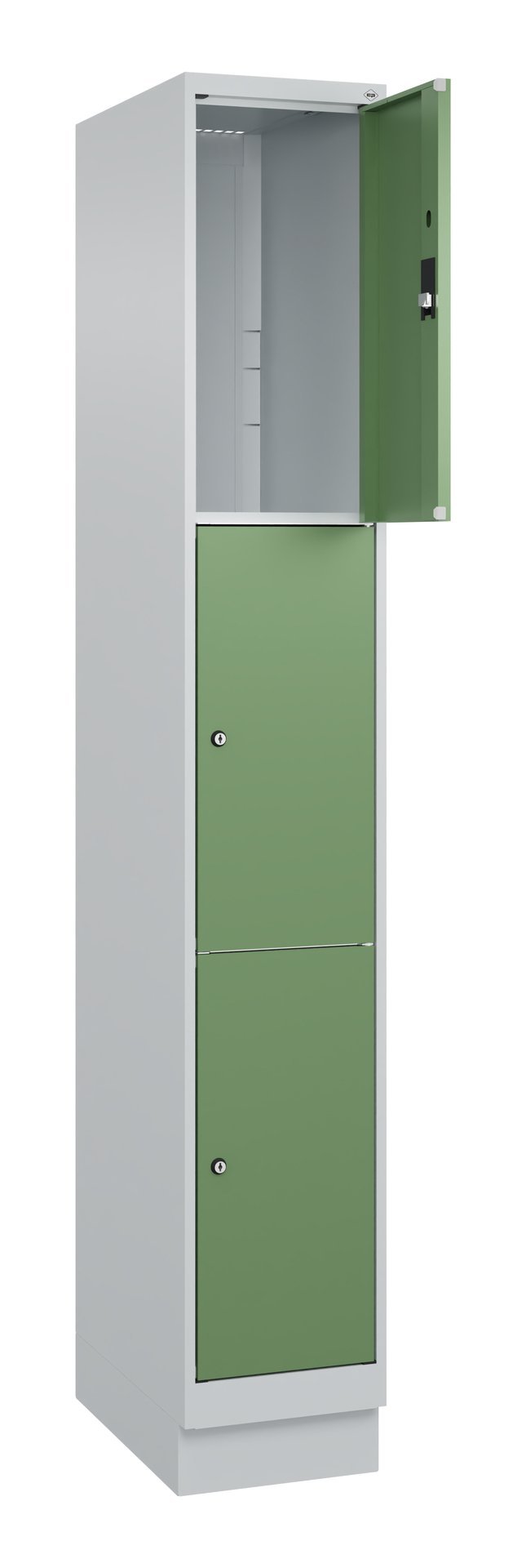 C+P Schließfachschrank Classic PLUS, Sockel, 3 Fächer, 1950x300x500mm, 7035/6011 Produktbild img1 L