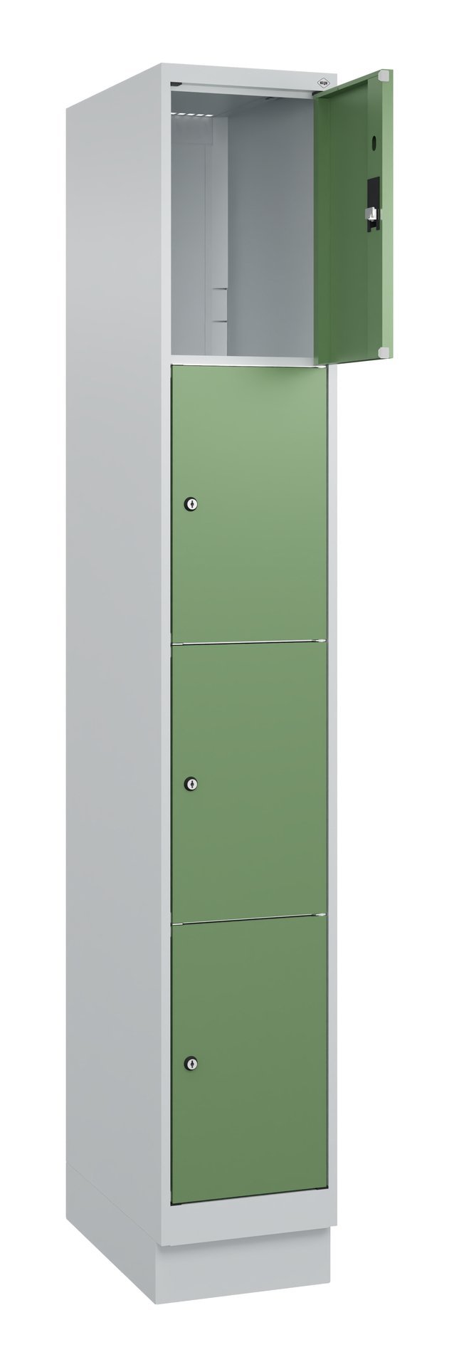 C+P Schließfachschrank Classic PLUS, Sockel, 4 Fächer, 1950x300x500mm, 7035/6011 Produktbild img1 L