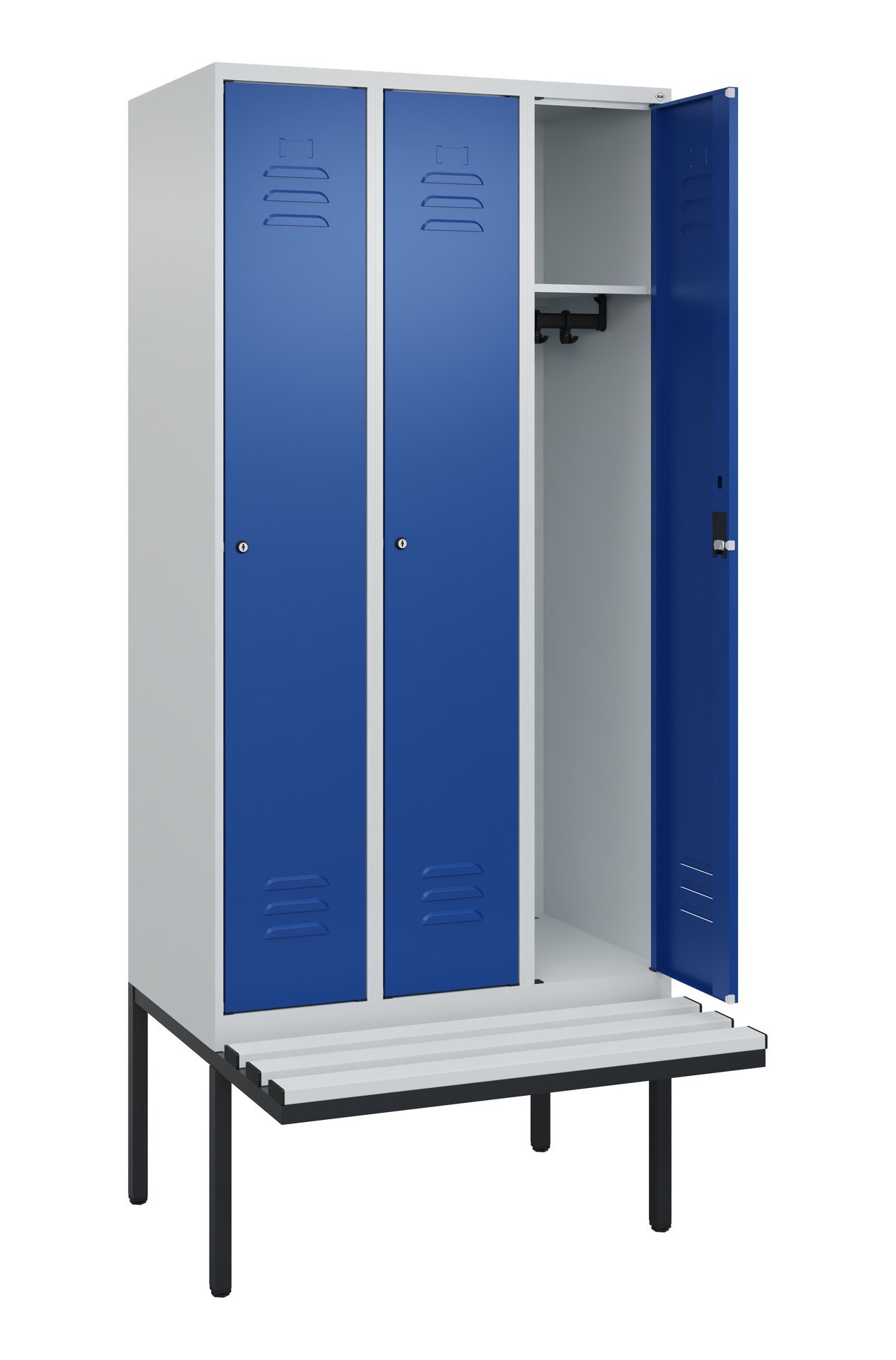 C+P Spind Classic PLUS, Bank, 3 Abteile, 2120x900x815mm, 7035/5010 Produktbild img1 L