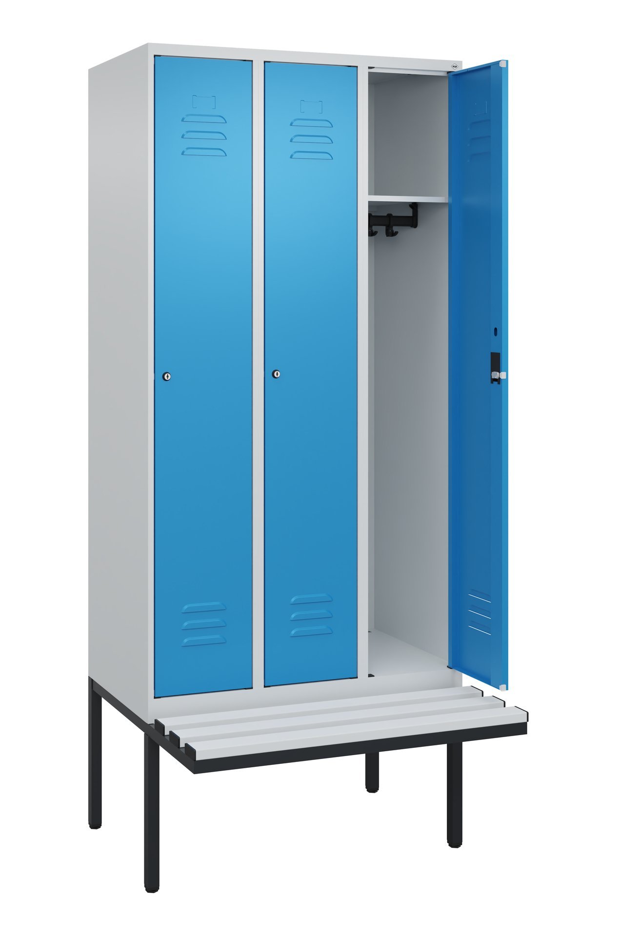 C+P Spind Classic PLUS, Bank, 3 Abteile, 2120x900x815mm, 7035/5012 Produktbild img1 L