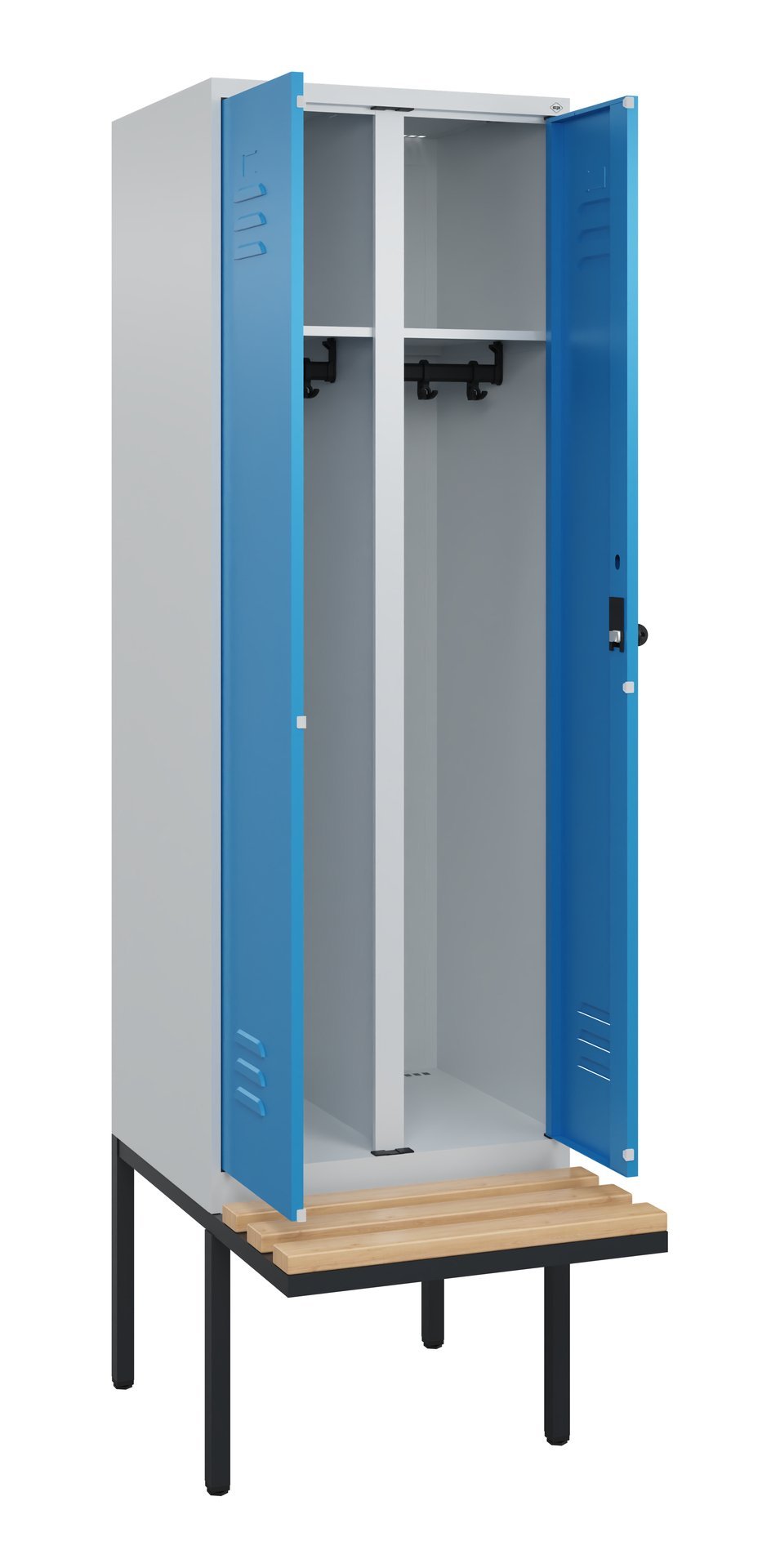 C+P Schwarz-Weiß-Spind Classic PLUS, Bank, 2 Abteile, 2120x600x815mm, 7035/5012 Produktbild img1 L