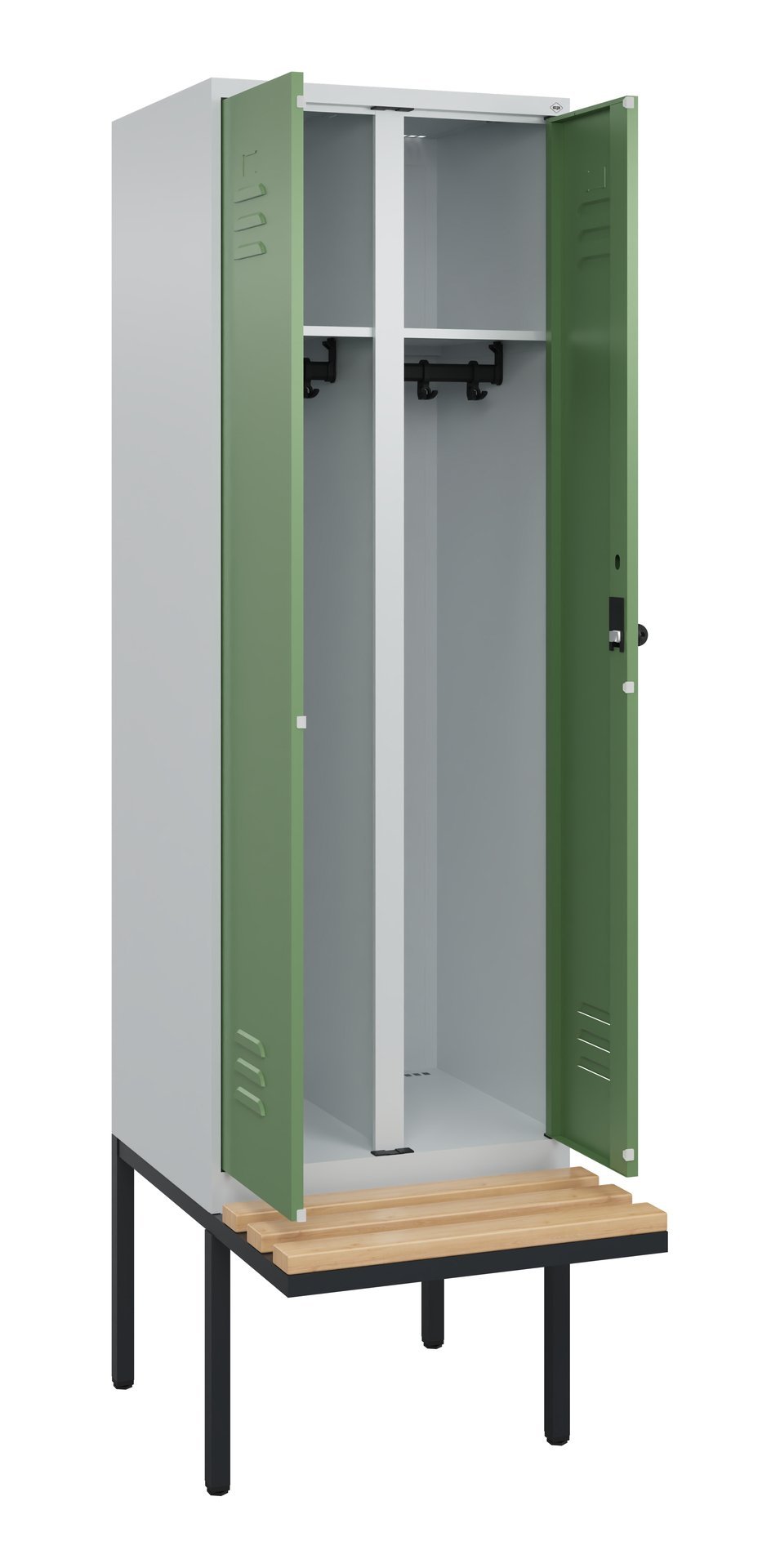 C+P Schwarz-Weiß-Spind Classic PLUS, Bank, 2 Abteile, 2120x600x815mm, 7035/6011 Produktbild img1 L