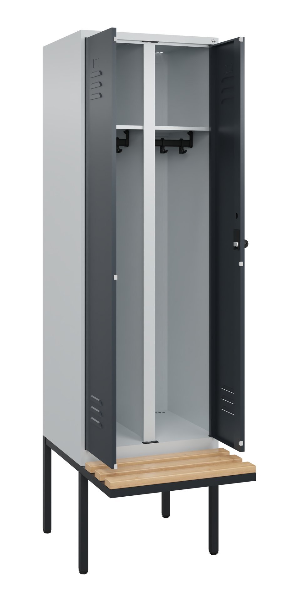 C+P Schwarz-Weiß-Spind Classic PLUS, Bank, 2 Abteile, 2120x600x815mm, 7035/7016 Produktbild img1 L