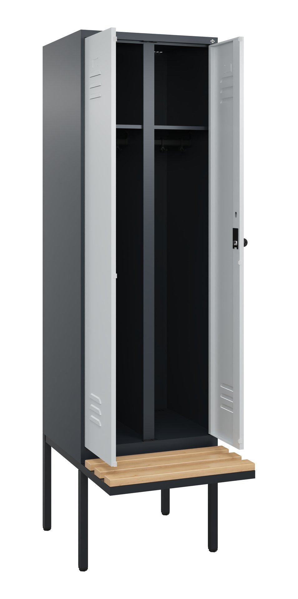 C+P Schwarz-Weiß-Spind Classic PLUS, Bank, 2 Abteile, 2120x600x815mm, 7016/7035 Produktbild img1 L