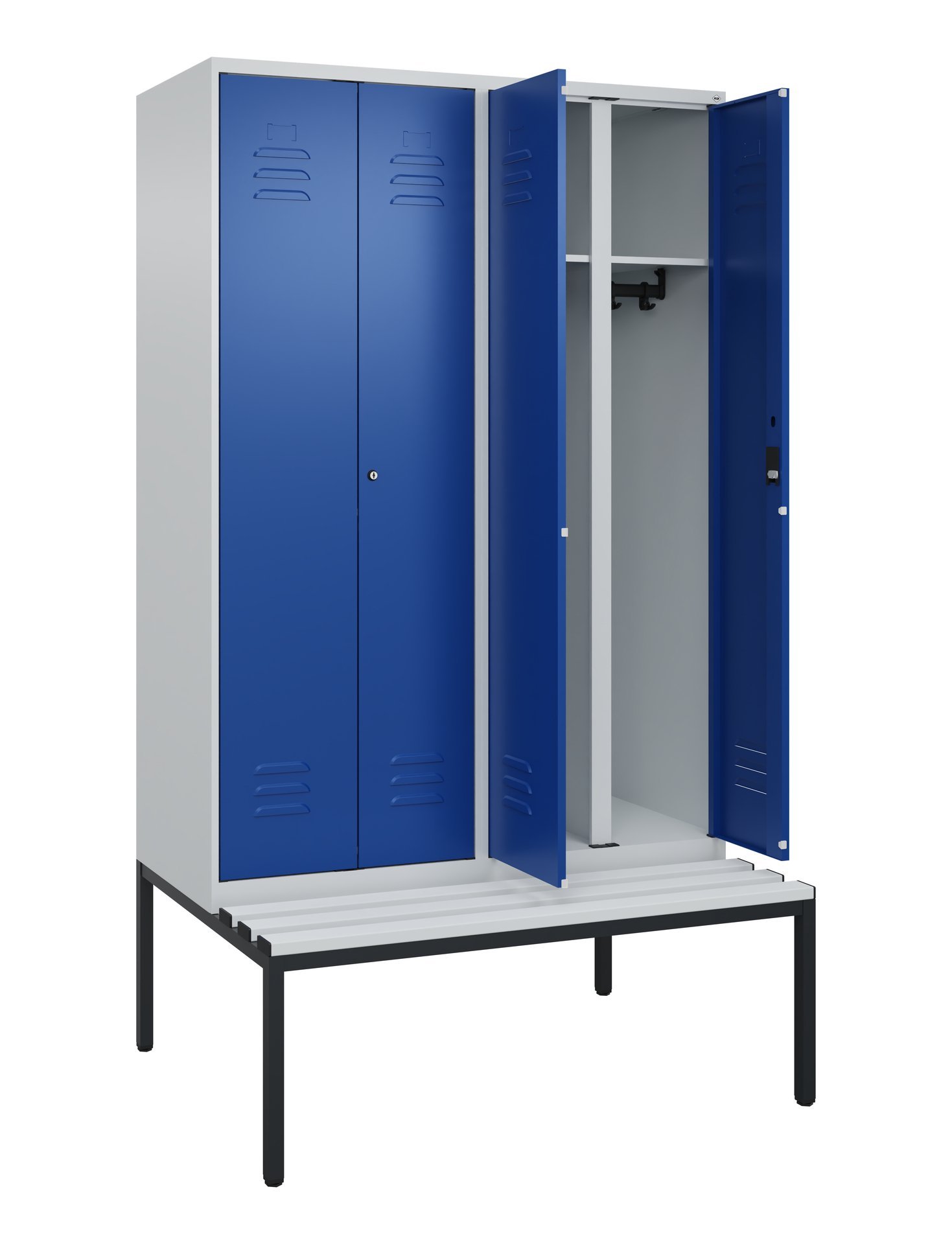 C+P Schwarz-Weiß-Spind Classic PLUS, Bank, 4 Abteile, 2120x1200x815mm, 7035/5010 Produktbild img1 L