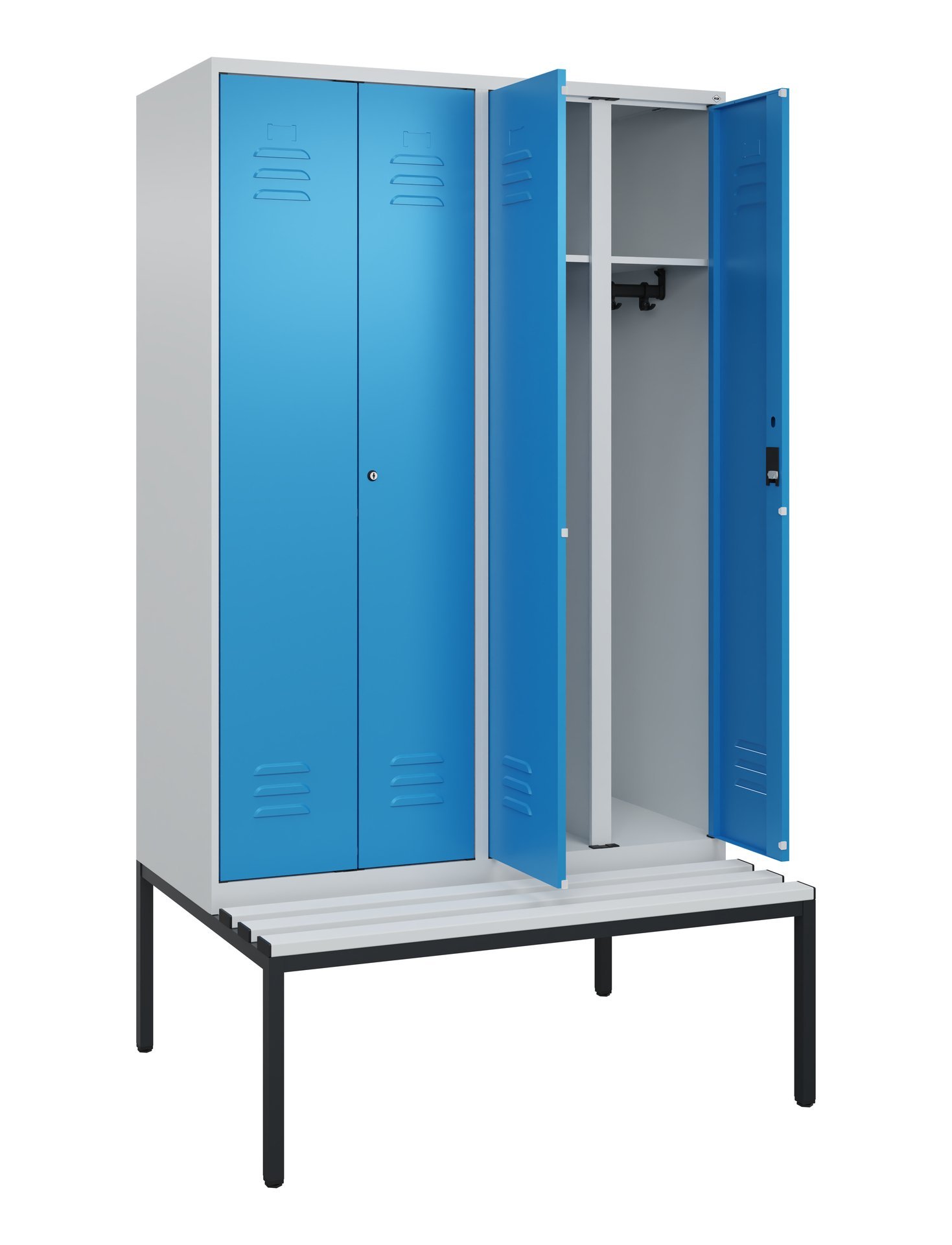 C+P Schwarz-Weiß-Spind Classic PLUS, Bank, 4 Abteile, 2120x1200x815mm, 7035/5012 Produktbild img1 L