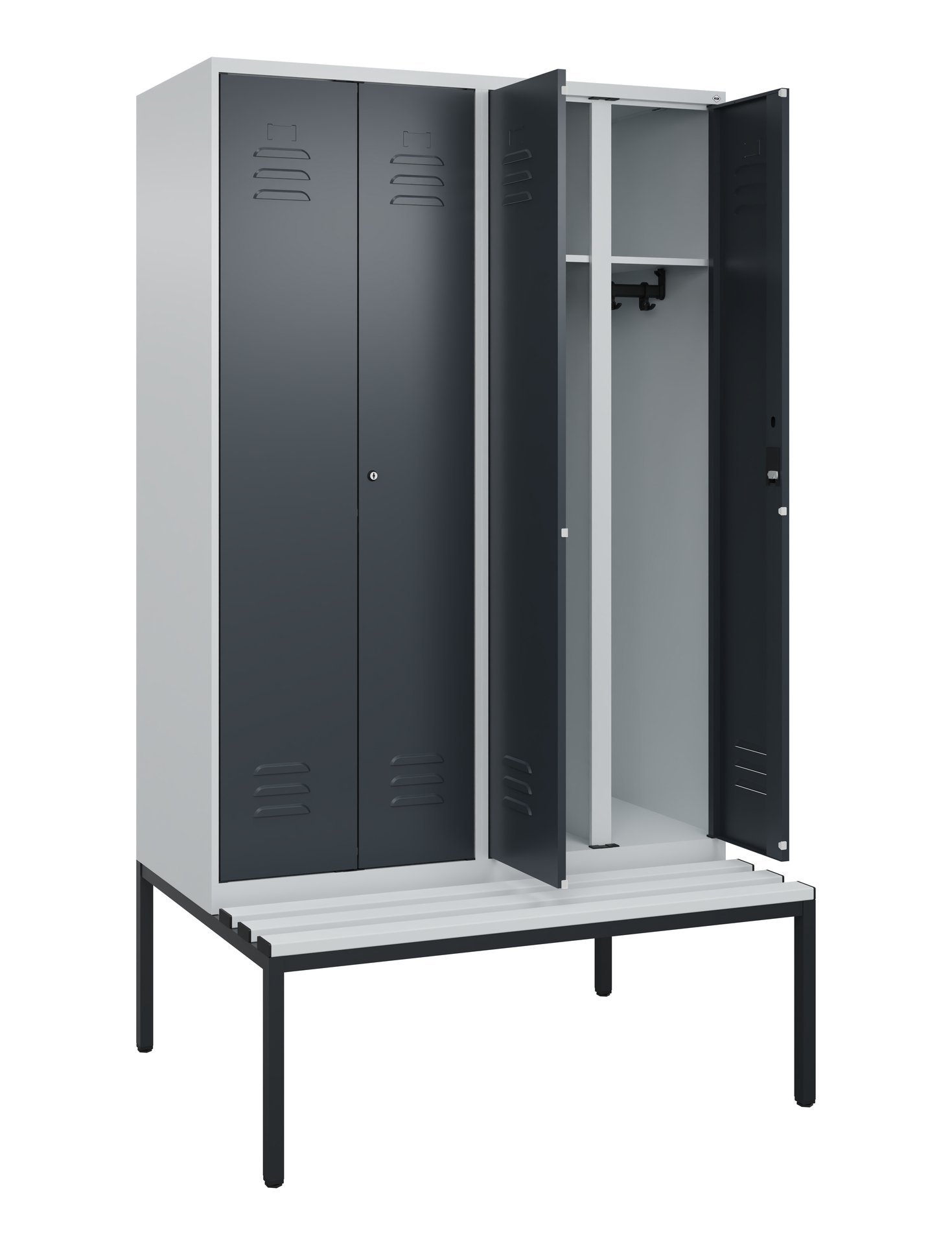 C+P Schwarz-Weiß-Spind Classic PLUS, Bank, 4 Abteile, 2120x1200x815mm, 7035/7016 Produktbild img1 L