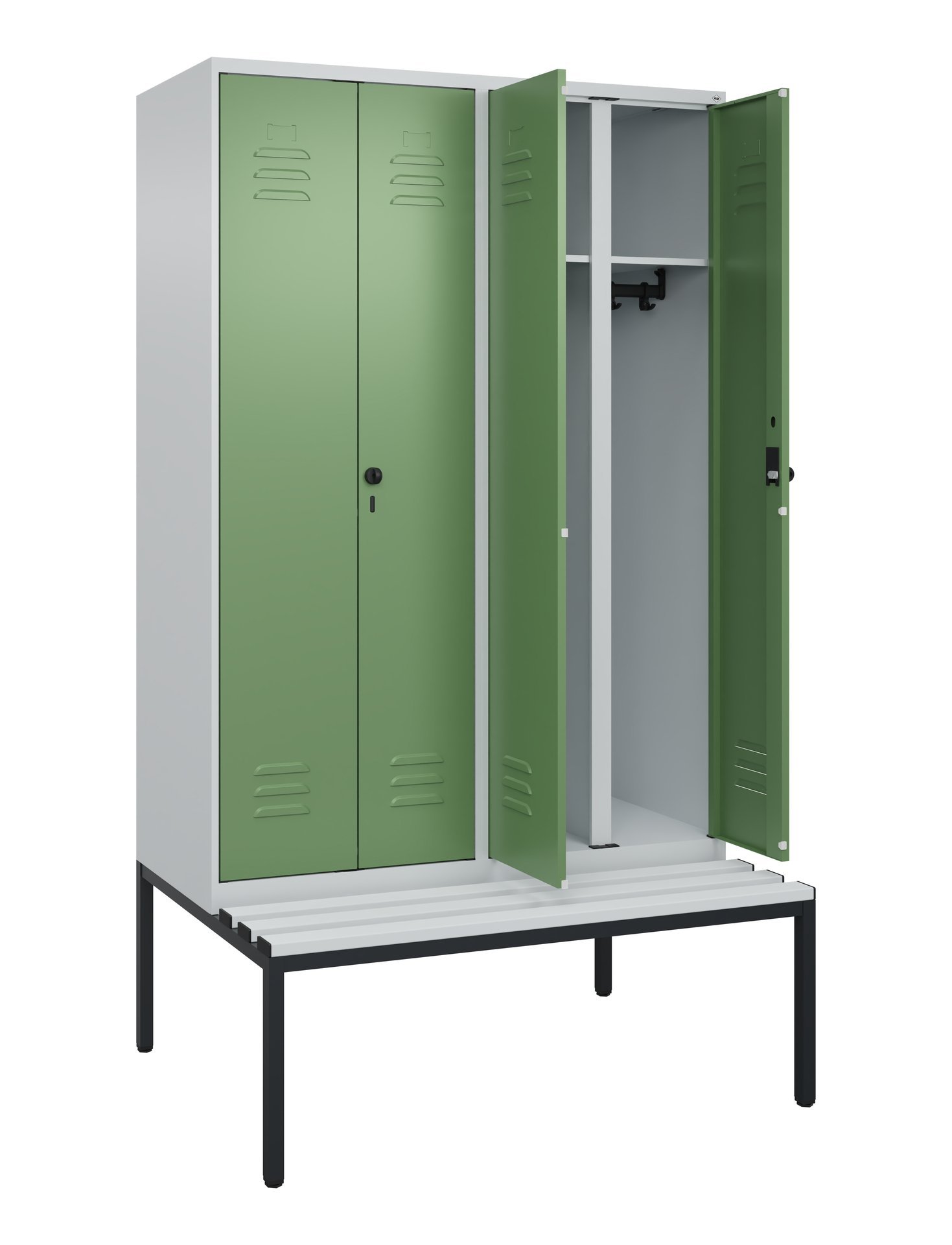 C+P Schwarz-Weiß-Spind Classic PLUS, Bank, 4 Abteile, 2120x1200x815mm, 7035/6011 Produktbild img1 L