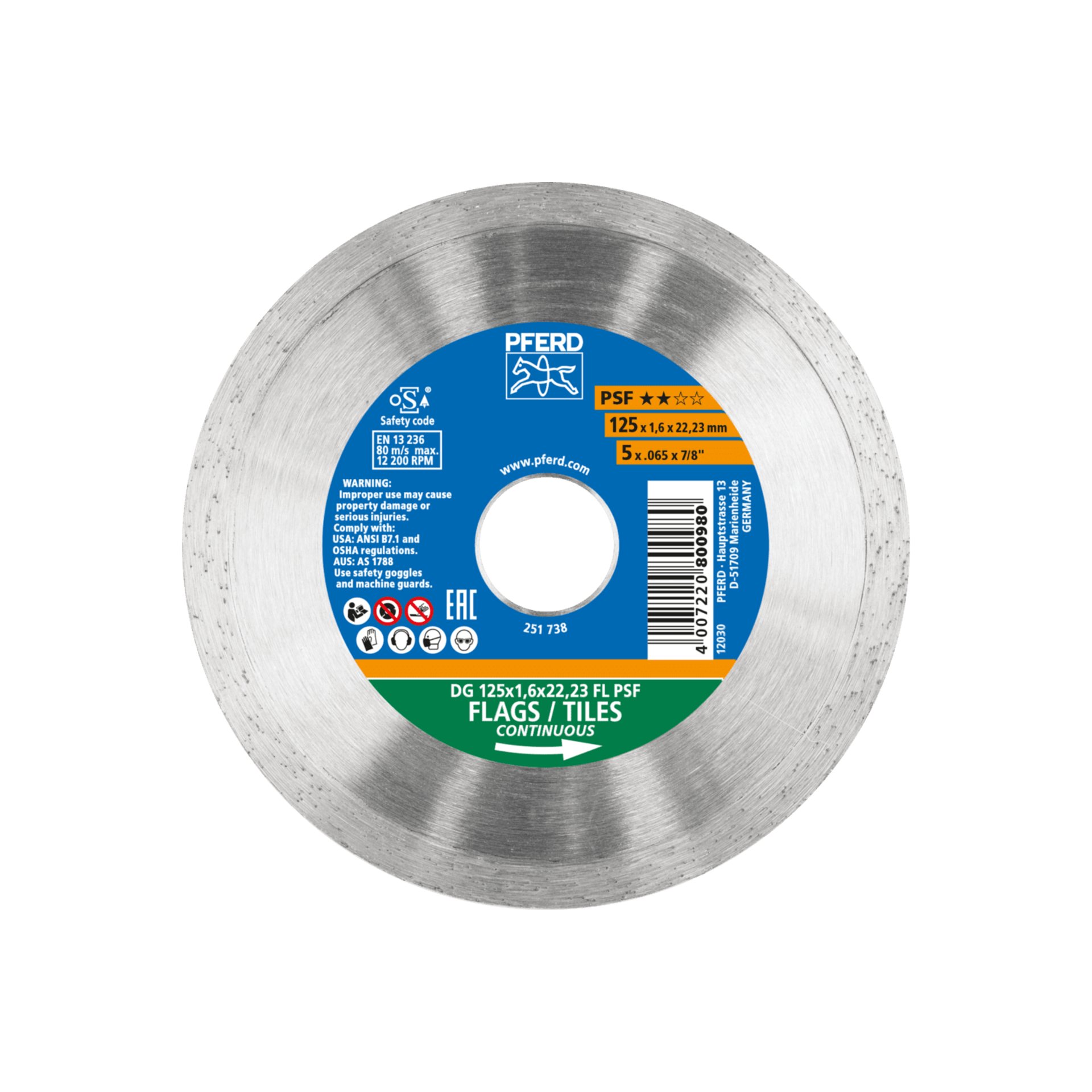 PFERD TOOLS Diamant-Trennscheibe DG FL 125x1,6x22,23 mm PSF z. Trennen v. Fliesen, hohe Schnittqualität Produktbild img1 L