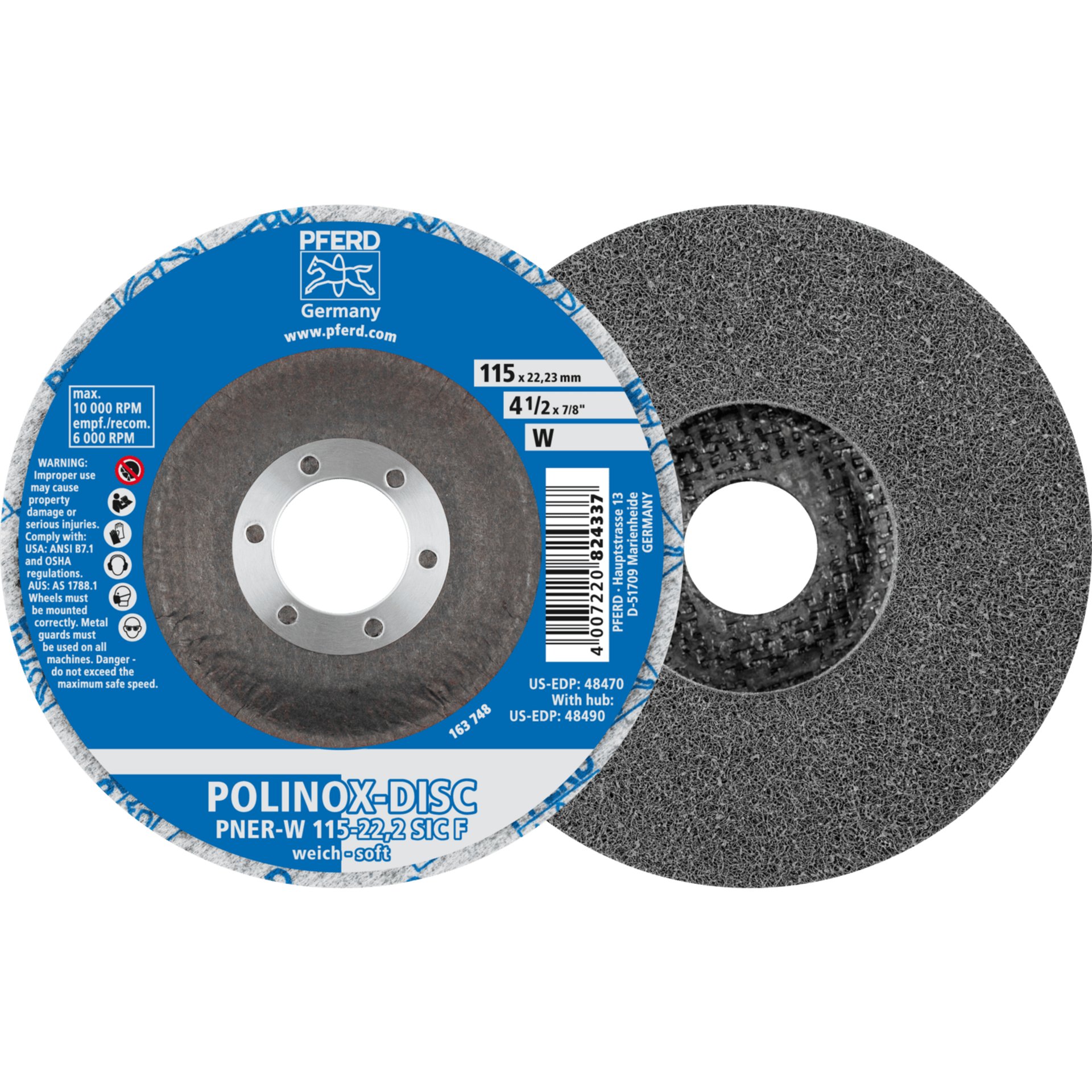 PFERD TOOLS POLINOX verpresste Vlies-Disc PNER Ø 115 mm Bohrung-Ø 22,23 mm Weich SIC Fein für Finish Produktbild img1 L