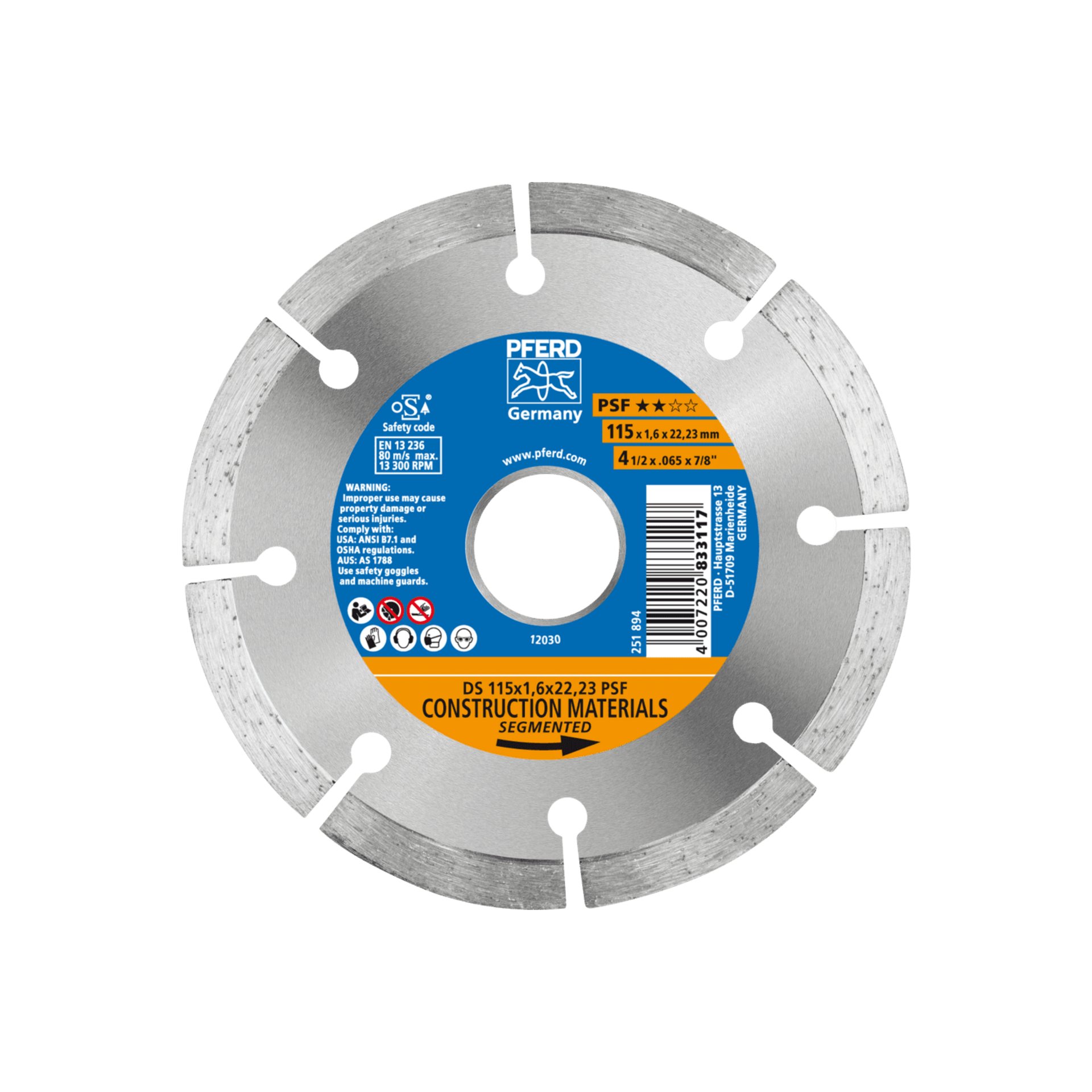 PFERD TOOLS Diamant-Trennscheibe DS 115x1,6x22,23 mm PSF für schnelles Trennen von Stein und Beton Produktbild img1 L