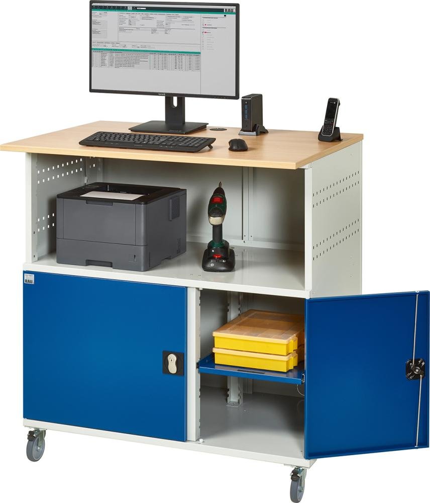 RAU. Computer-Tisch Modell 1023 fahrbar 1100x800x1100mm RAL7035/5010 Produktbild img2 L