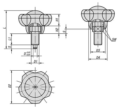 ARRETIERBOLZEN MIT FÜNFSTERNGRIFF GR.3 D2=63, M16X1,5, L=74, L1=22, D=8, THER... Produktbild img2 L