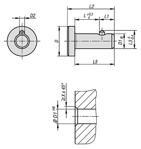 STECKBOLZEN MIT FLACHKOPF, MIT AXIALSICHERUNG, D1=8 L=25, STAHL Produktbild img2 L