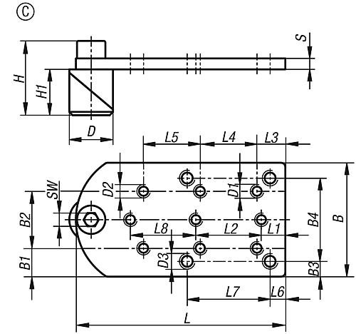 Kipp SPANNBOLZEN MIT ADAPTERPLATTE D=20, L=96, B=52 FORM:C, EDELSTAHL BLANK, KOMP:... Produktbild img2 L