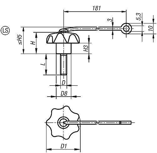 STERNGRIFF ÄHNLICH DIN6336 MIT SICHERUNGSBAND D=M10X25, D1=50 H=32, FORM:LS, ... Produktbild img2 L