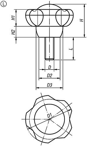 FÜNFSTERNGRIFF D1=50 D=M12X35 H=34,8, FORM:L, THERMOPLAST SCHWARZ RAL7021, KO... Produktbild img2 L
