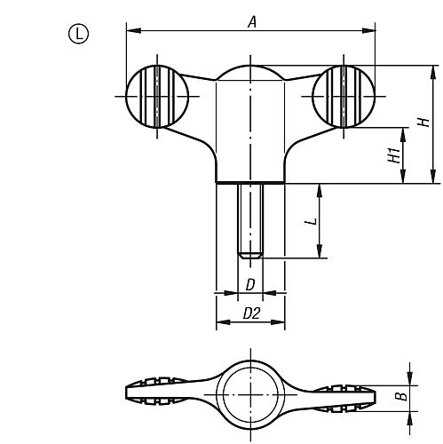 FLÜGELGRIFF D=M08X40 A=50, H=24, FORM:L MIT AUßENGEWINDE, THERMOPLAST SCHWARZ... Produktbild img2 L