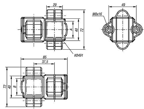 Kipp ROHRVERBINDER KREUZSTÜCK THERMOPLAST, FÜR VIERKANTROHRE, KOMP:STAHL, A=30, B=30 Produktbild img2 L