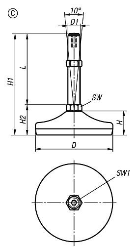 STELLFUß MIT INNENSECHSKANT, FORM:C M10X50, D=50, STAHL, KOMP:GUMMI Produktbild img2 L