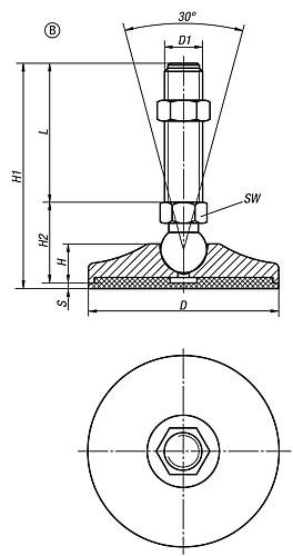 GELENKFUß, D=100 D1=M16X75, SW=20, FORM:B ANTI-SLIP-PLATTE, STAHL, KOMP:GUMMI Produktbild img2 L