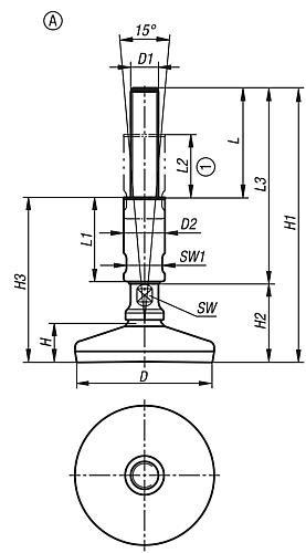 STELLFUß FÜR HYGIENEBEREICH, FORM:A OHNE BEFESTIGUNGSBOHRUNG, D=120 M16X140, ... Produktbild img2 L