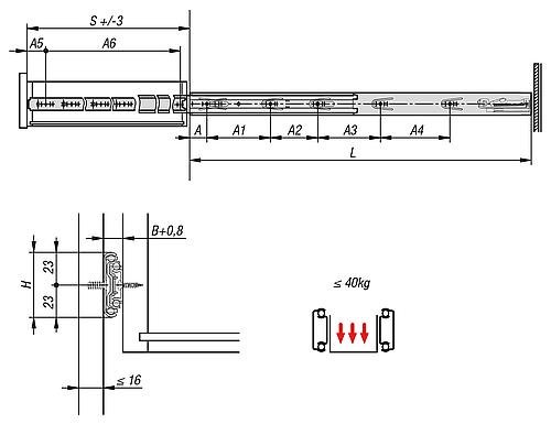 TELESKOPSCHIENE L=700 12,7X46, VOLLAUSZUG S=700, Fp=40, STAHL BLAU VERZINKT, ... Produktbild img2 L