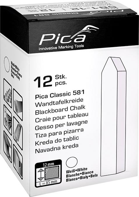 Tafelkreide Pica-Classic weiß 12x12x85mm, eckig angespitzt, unpapiert im Karton zu 12 St. Pica Produktbild img1 L