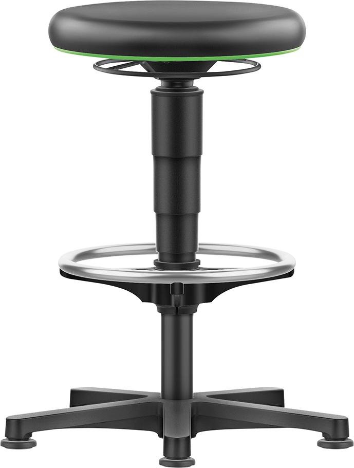 BIMOS Allround Hocker mit Gleiter+Fußring grüner Farbring Sitzhöhe 530- 750mm Kunstleder ø 400mm Produktbild img1 L