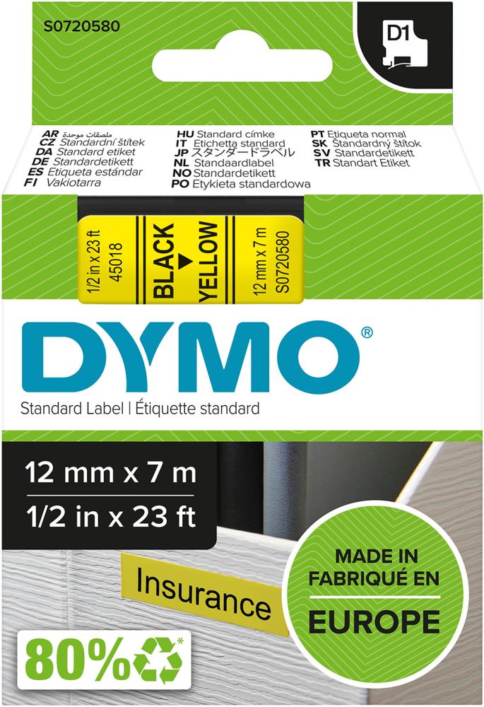 Schriftband D1 45018 schwarz/gelb 12mmx7m DYMO Produktbild img1 L