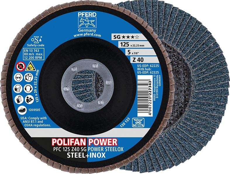 PFERD TOOLS POLIFAN POWER Fächerscheibe PFC 125x22,23 mm konisch Z40 SG STEELOX Stahl/Edelstahl Produktbild img1 L