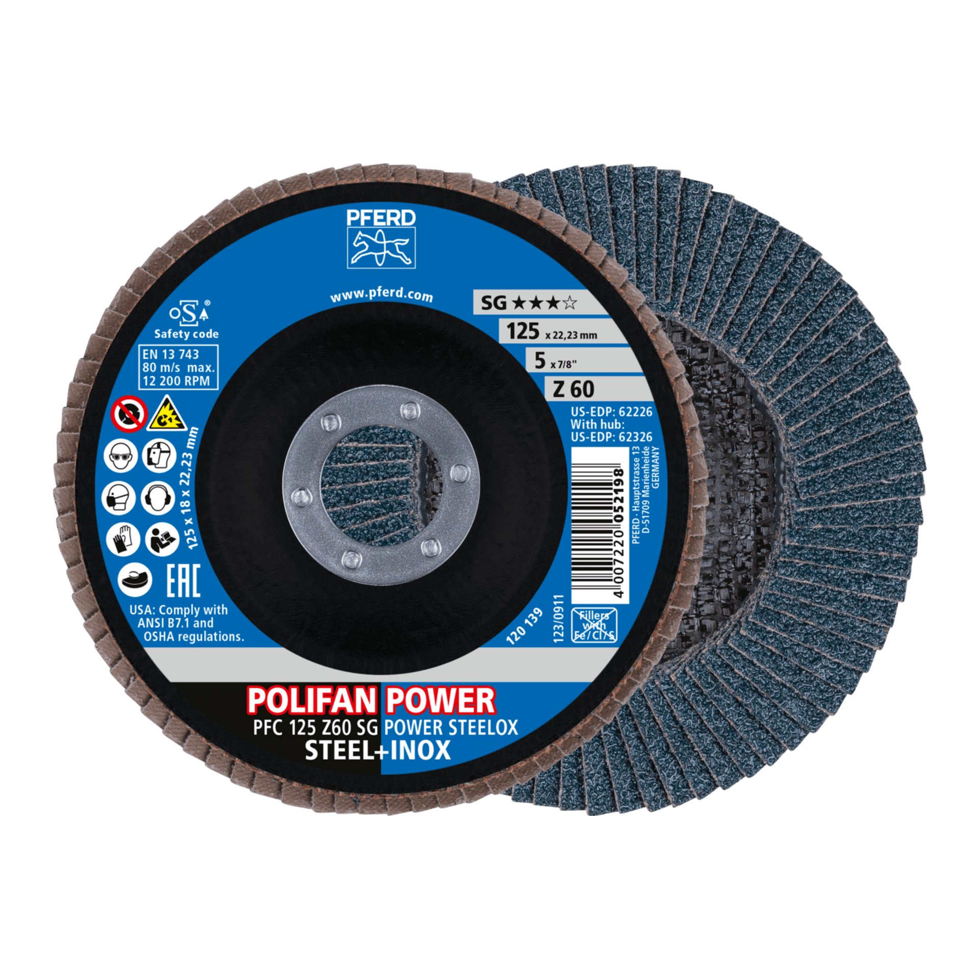 PFERD TOOLS Trenn-/Fächerscheiben-Set PFC 125 Z60 SG POWER / EHT 125-1,0 SG STEELOX für Stahl/Edelstahl Produktbild img1 L