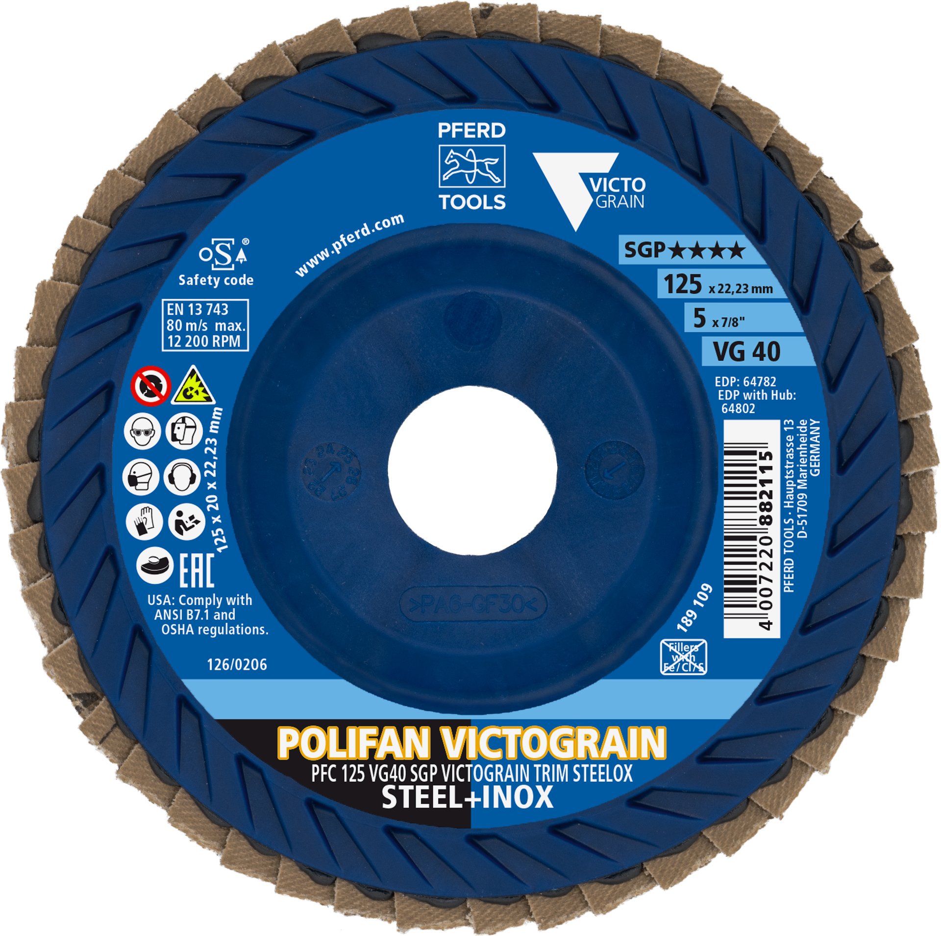 PFERD TOOLS POLIFAN VICTOGRAIN Fächerscheibe PFC 125x22,23 mm konisch VG40 Speziallinie SGP STEELOX für Stahl/Edelstahl Produktbild img2 L
